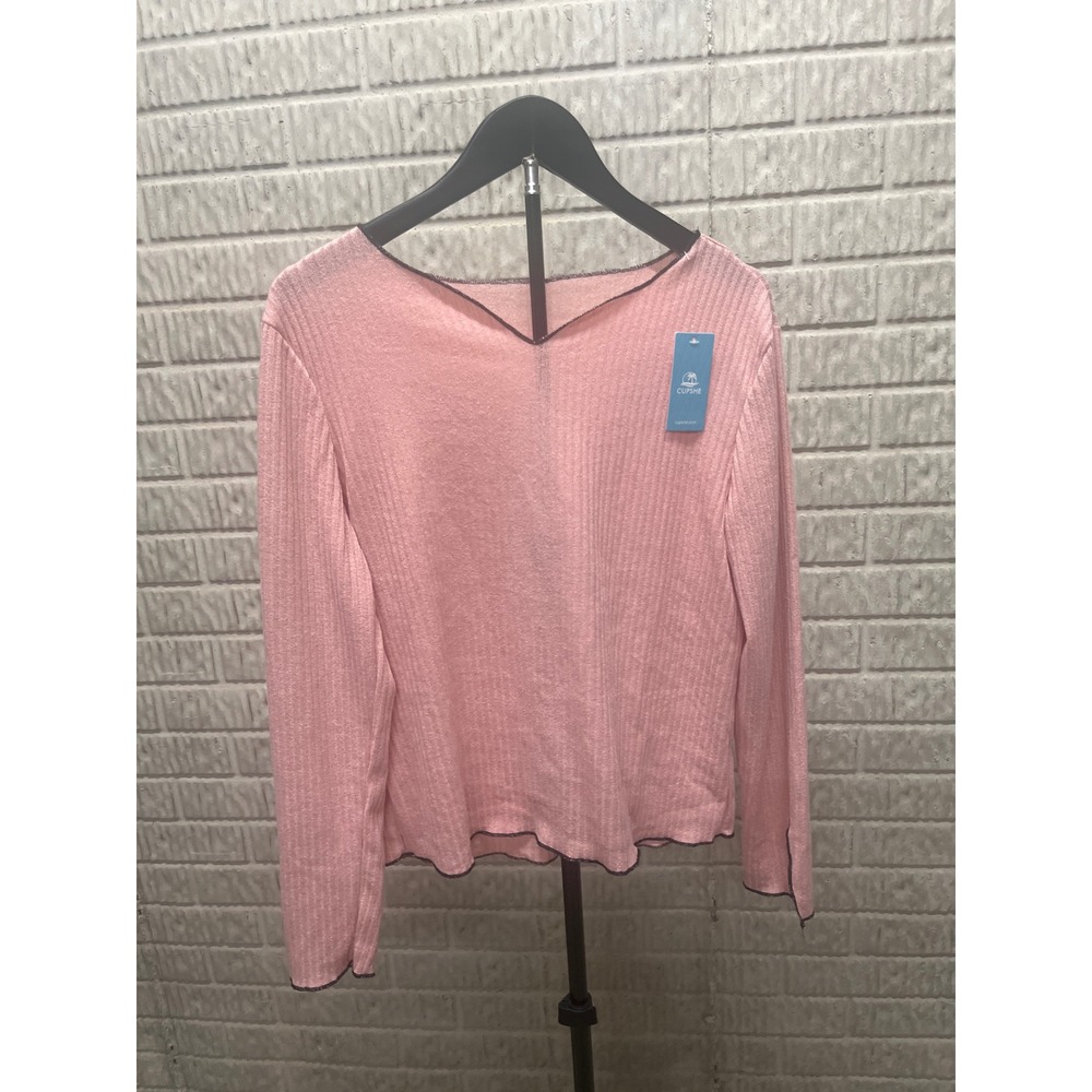 Cupshe Pink Ribbed Knit V-Neck Long Sleeve Top Lettuce Edge NWT Size Medium